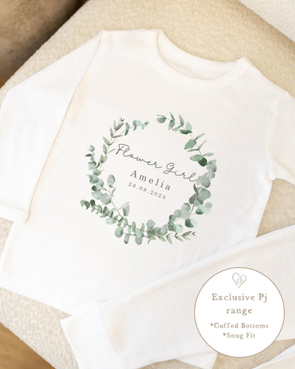 Personalised Flower Girl Pyjamas - Eucalyptus Wreath Design
