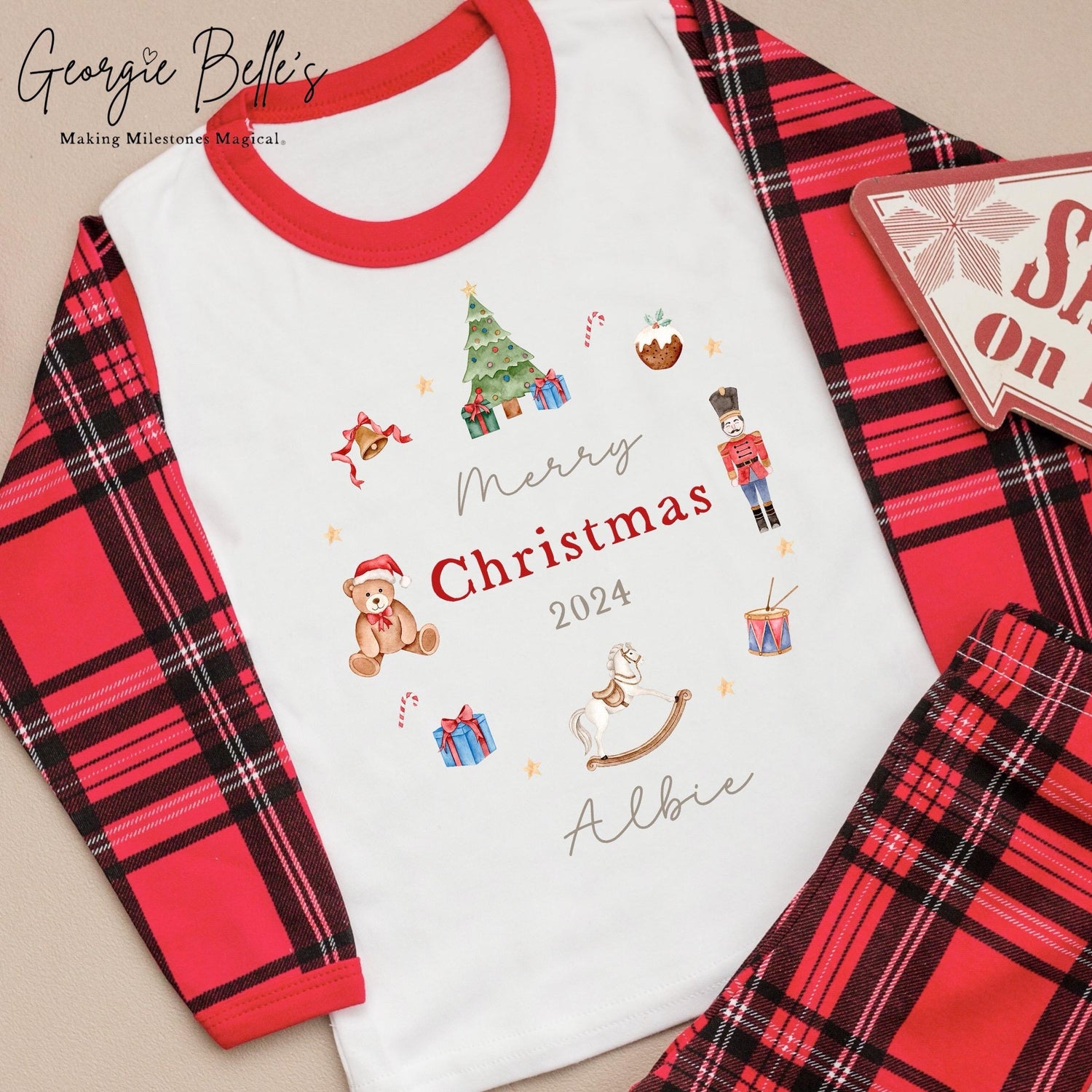 Personalised Tartan Christmas Pyjamas - Red Nutcracker Wreath Design