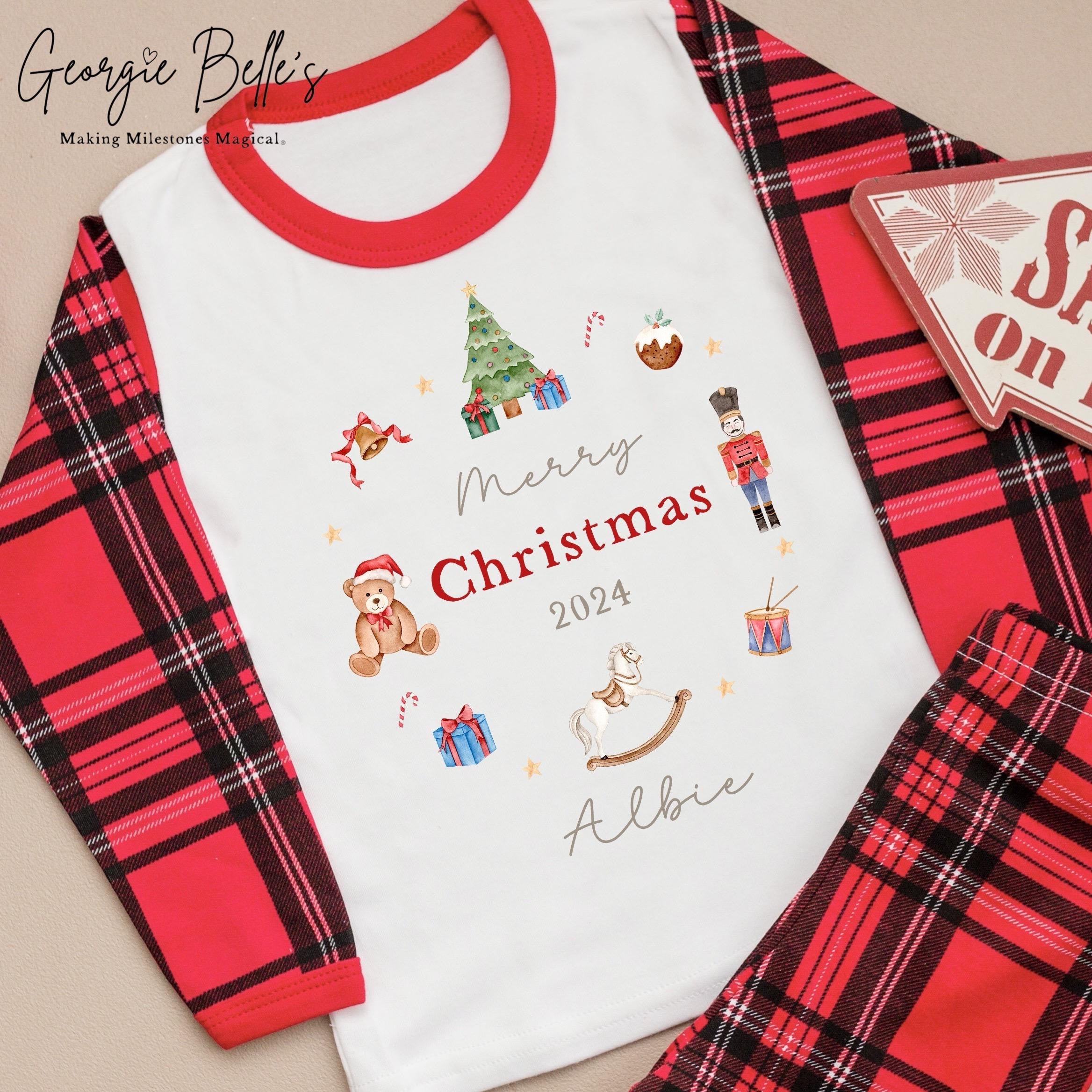 Personalised Tartan Christmas Pyjamas - Red Nutcracker Wreath Design