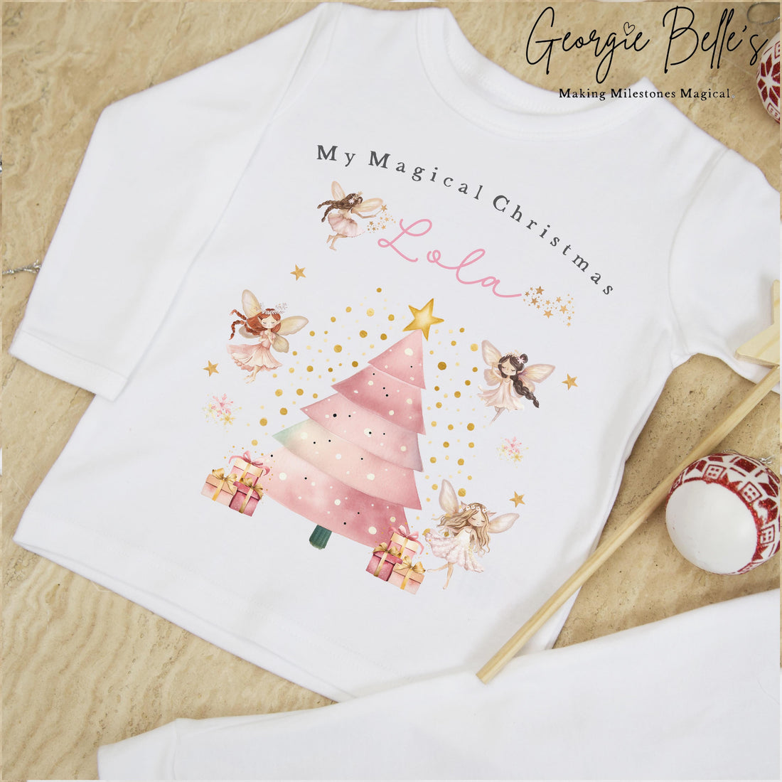 Personalised Plain White Christmas Pyjamas - Pink Fairy Design
