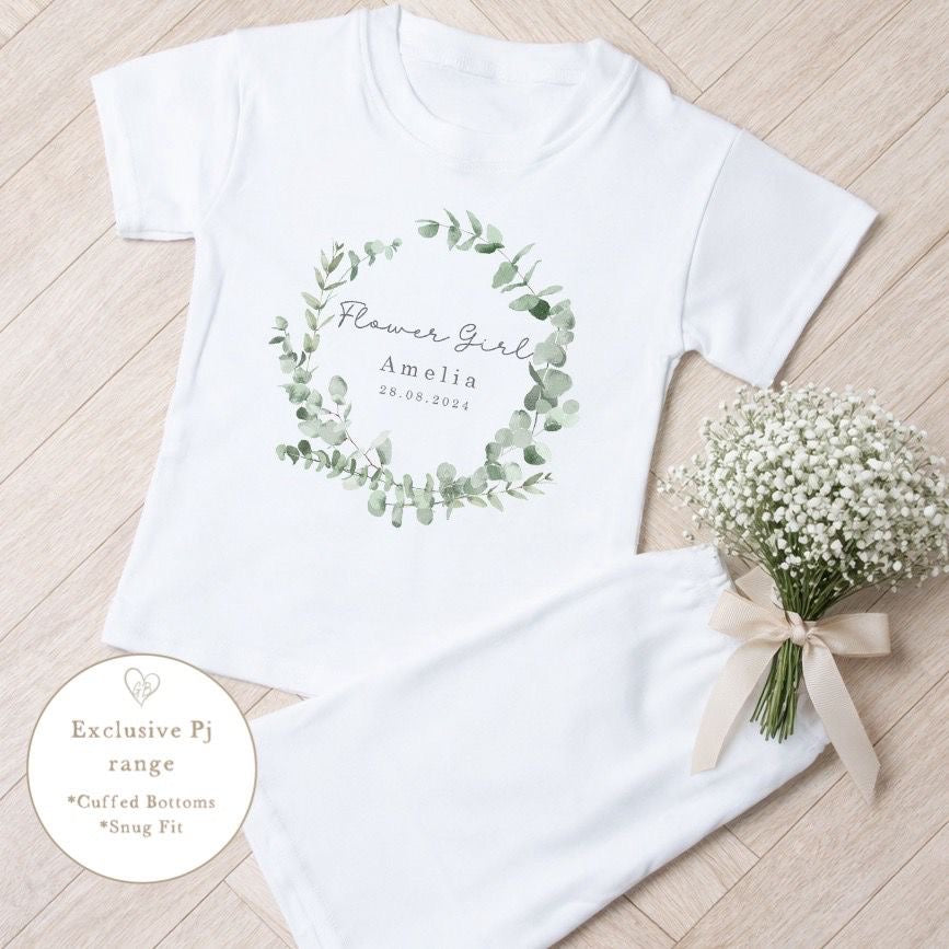 Personalised Flower Girl Short Set Pyjamas - Eucalyptus Wreath Design