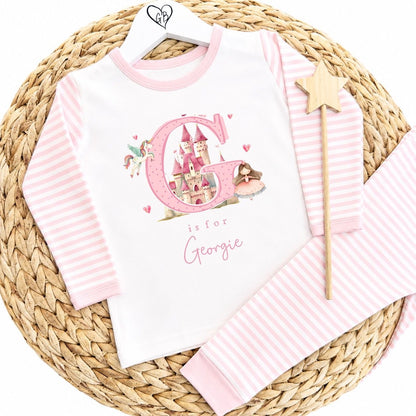Personalised Girls Gifting Pyjamas Pink Stripe - Princess Initial Design