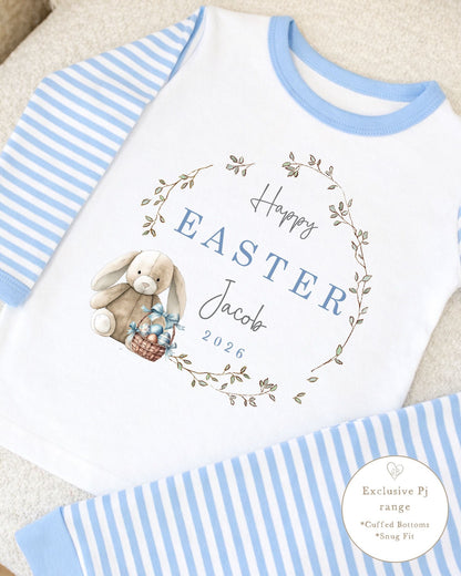 Personalised Blue Stripe Easter Pyjamas - Bunny Wreath Design