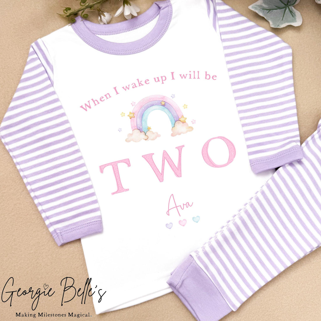 Personalised Lilac Stripe Birthday Pyjamas - Lilac Pastel Rainbow Design