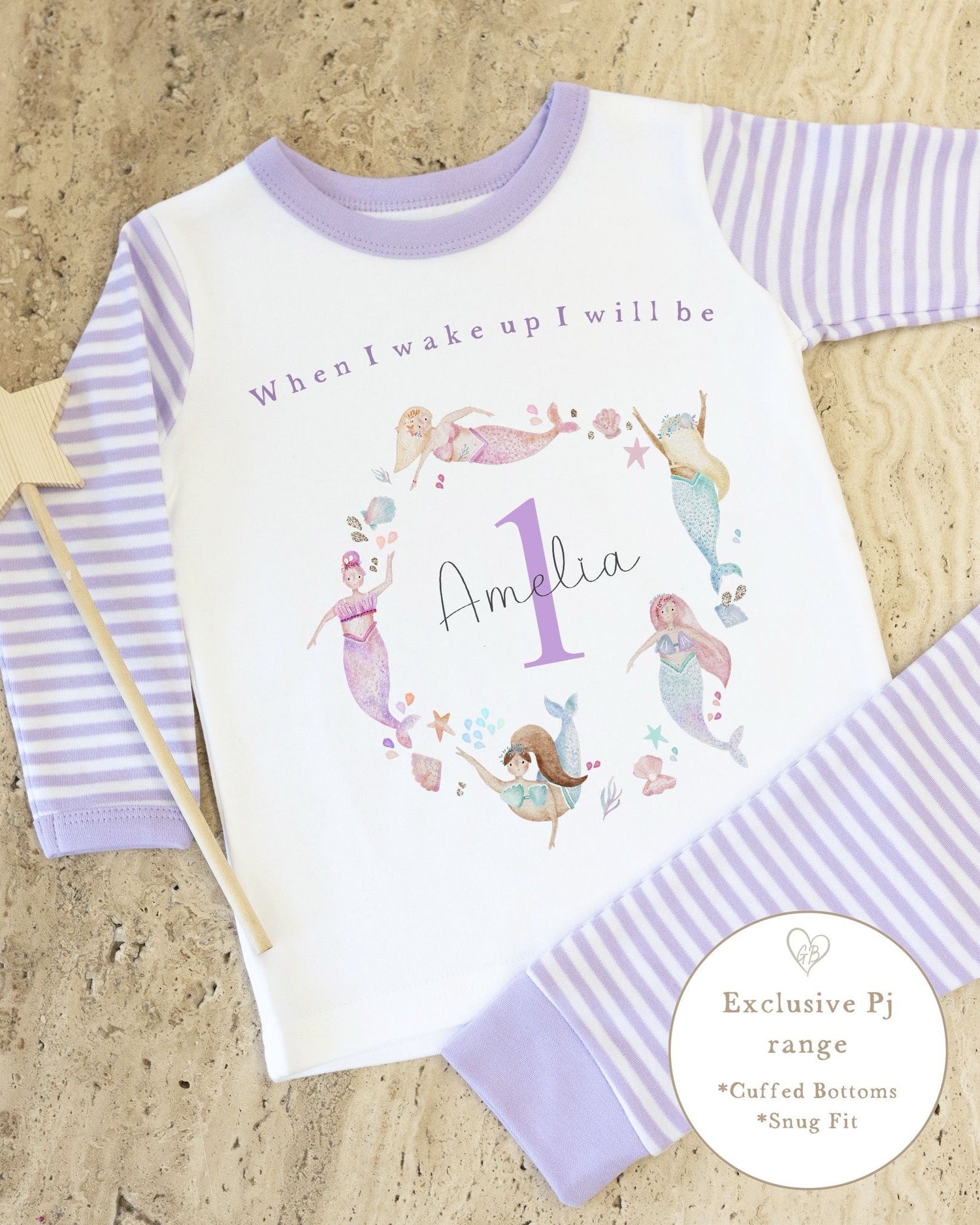 Lilac &amp; White Striped Personalised Birthday Pyjamas - Lilac Mermaid Wreth Design