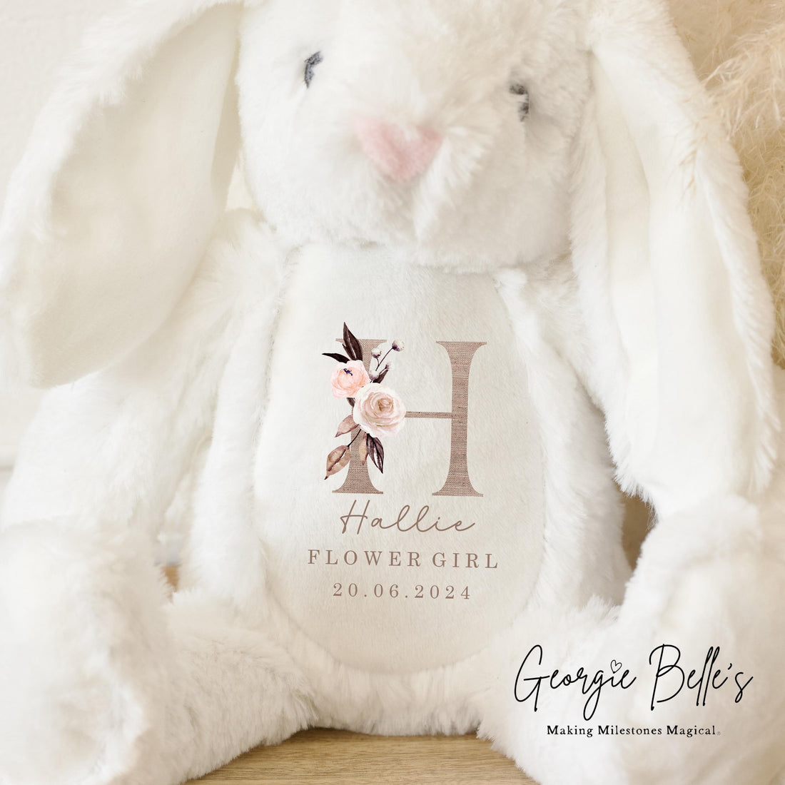 Personalised Flower Girl Bunny - Linen Initial Design