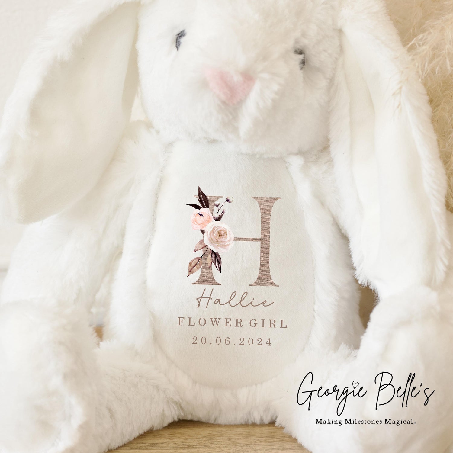 Personalised Flower Girl Bunny - Linen Initial Design