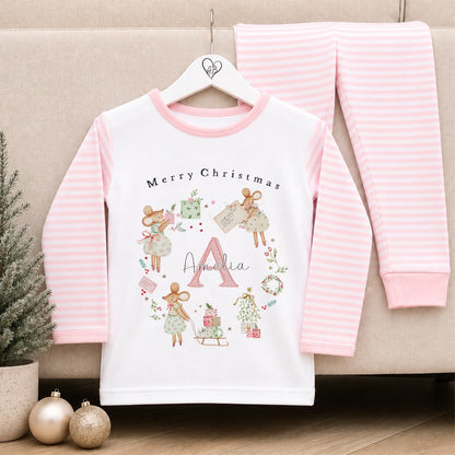 Personalised Christmas Pyjamas for Kids | 100% Cotton Pink Stripe | Pink Whimsical Xmas Mice Wreath Design