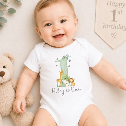 Personalised First Birthday Baby Vest | 1st Birthday Outfit - Sage Safari Design