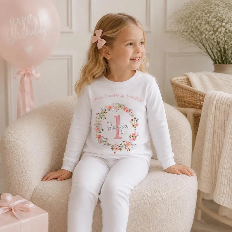Personalised Plain White Birthday Pyjamas - Wildflower Wreath Design