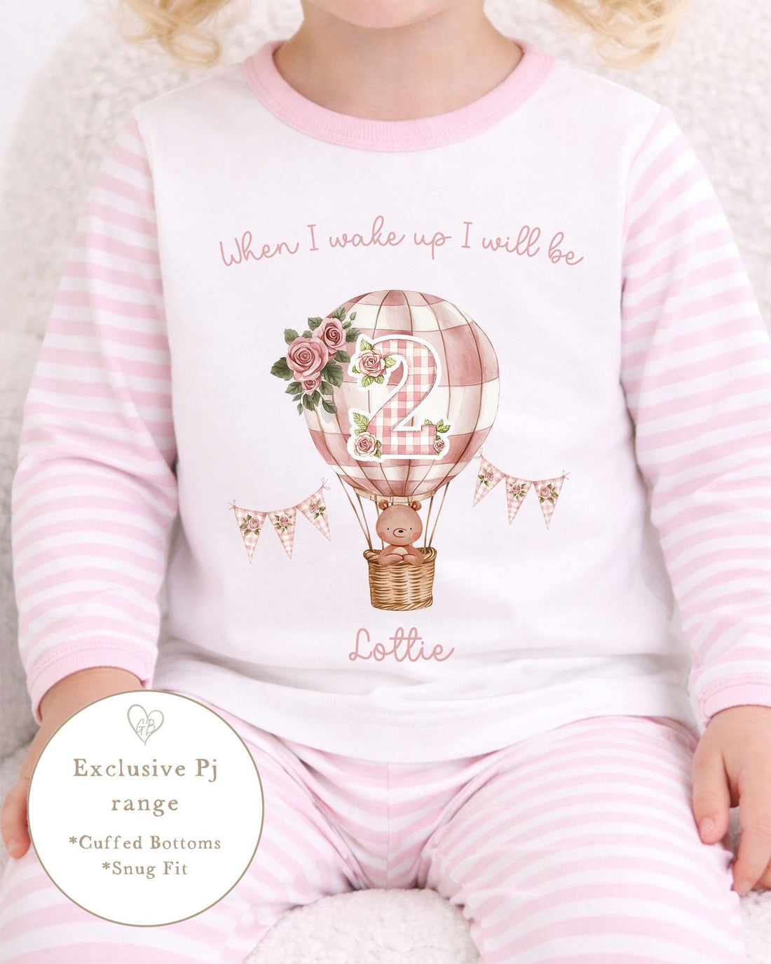 Personalised Pink Stripe Birthday Pyjamas - Pink Classic Hot Air Balloon Design