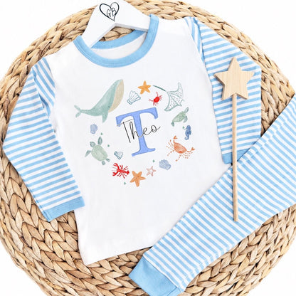 Personalised Boys Gifting Pyjamas Blue Stripe - Sea Wreath Initial Design