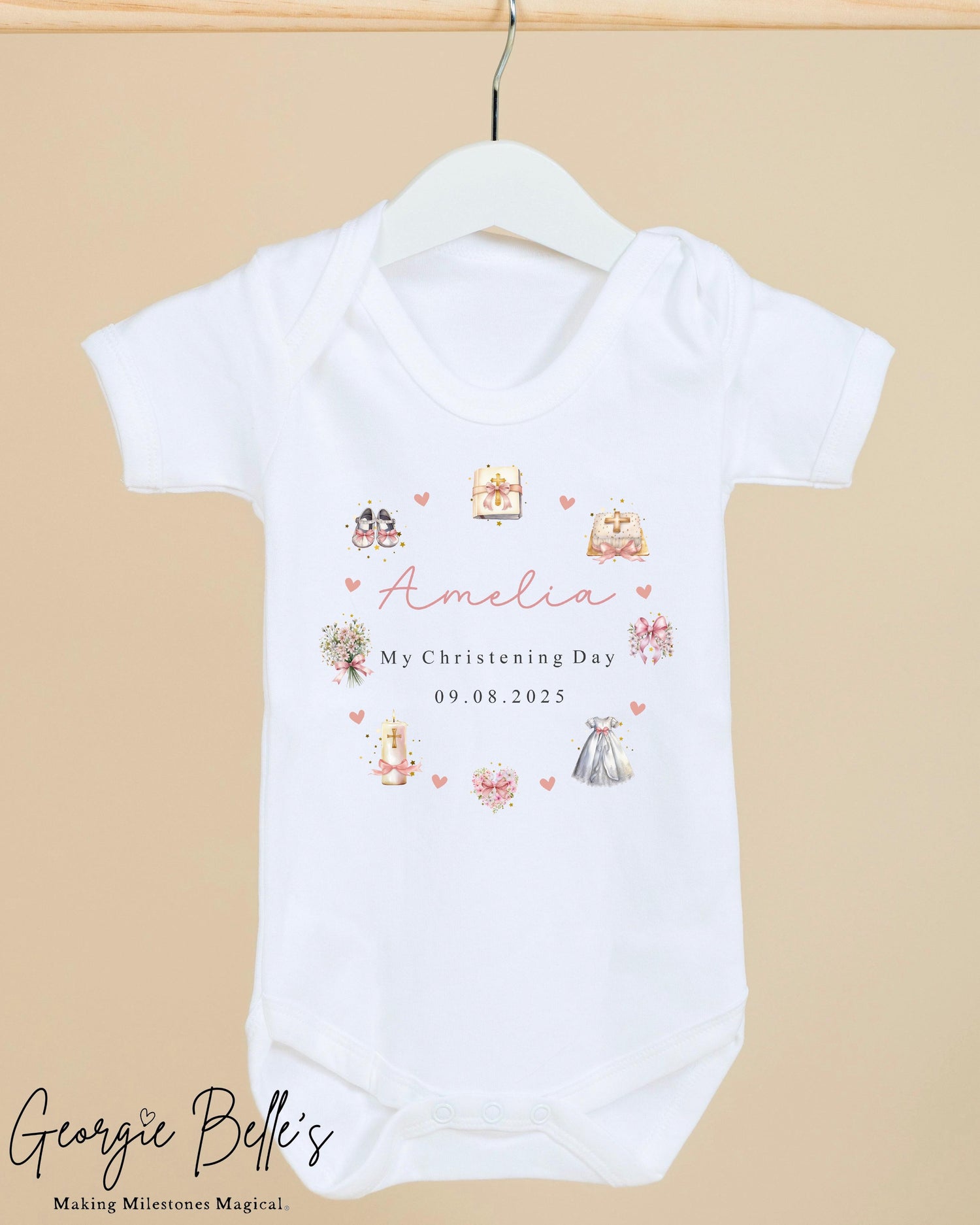 Personalised Christening Babygrow / Vest - Pink Wreath Design