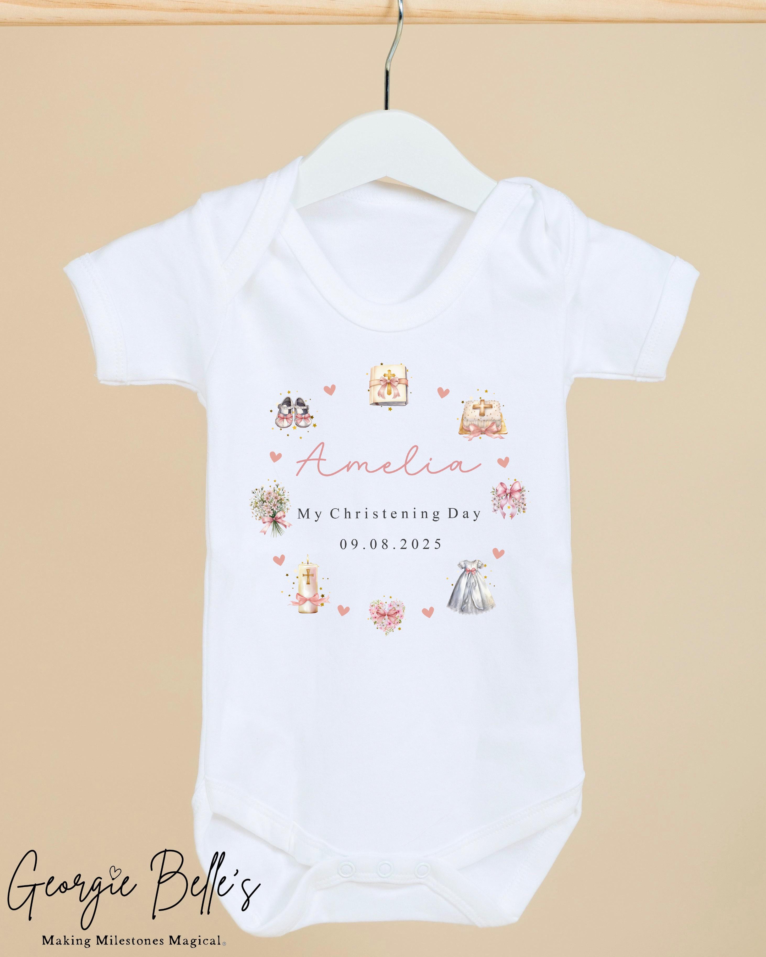 Personalised Christening Babygrow / Vest - Pink Wreath Design