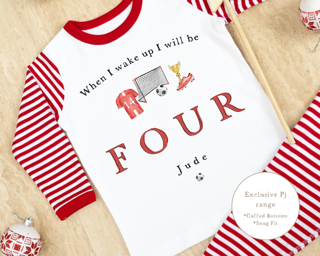 Red &amp; White Striped Personalised Birthday Pyjamas - Red Football Design