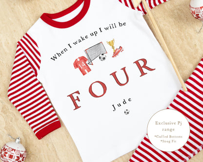 Red &amp; White Striped Personalised Birthday Pyjamas - Red Football Design