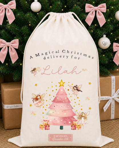 Luxury Personalised Premium Cotton Christmas Sack | Personalised Santa Sack | Pink Fairy Design