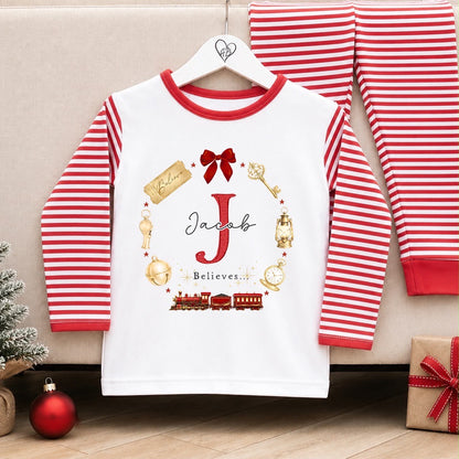 Personalised Christmas Pyjamas for Kids | 100% Cotton Red Stripe | Red Polar Express Believes Wreath Design