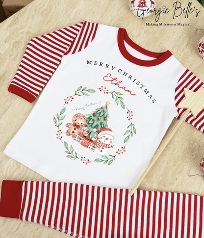 Personalised Red Stripe Christmas Pyjamas - Christmas Wreath Design