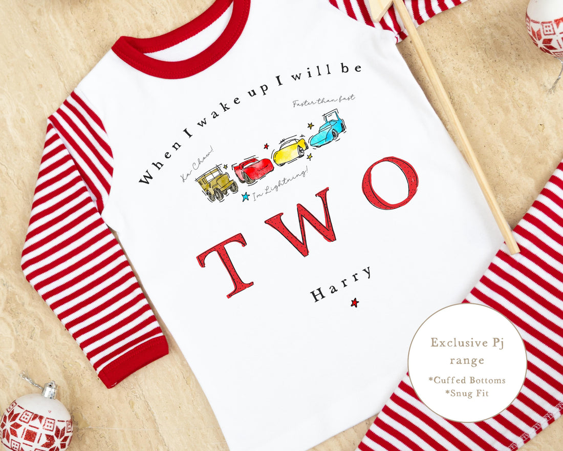 Red & White Striped Personalised Birthday Pyjamas - Red Car Word Design