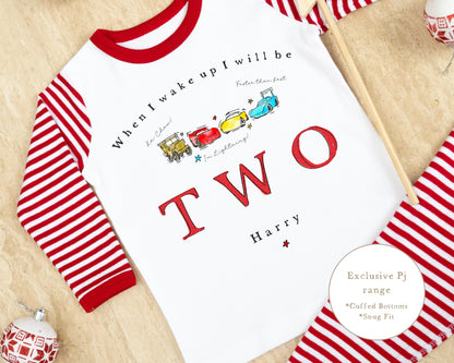 Red &amp; White Striped Personalised Birthday Pyjamas - Red Car Word Design