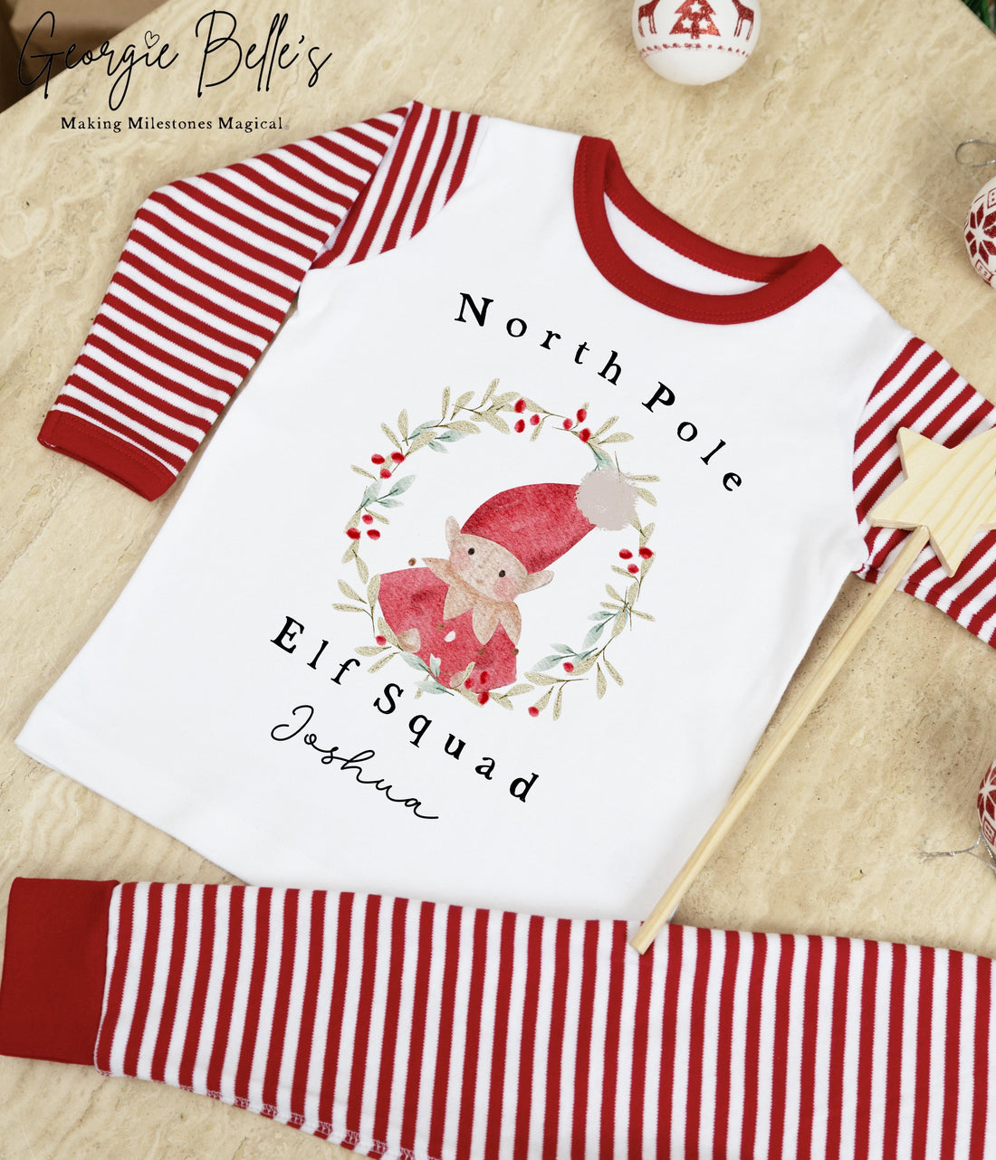 Personalised Red Stripe Christmas Pyjamas - North Pole Elf Squad Design