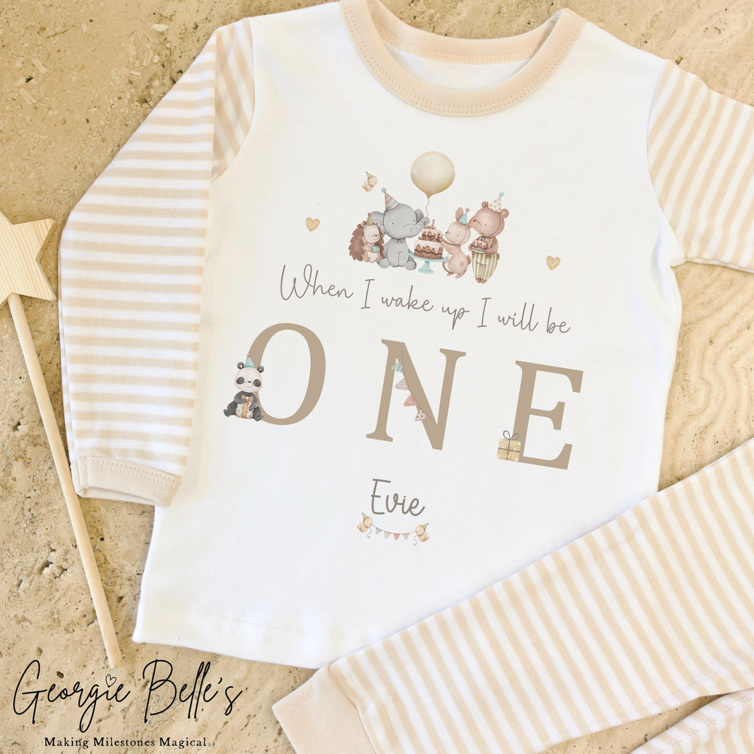 Personalised Beige Stripe Birthday Pyjamas - Woodland Party Design