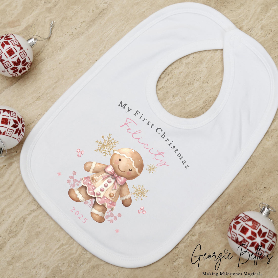 Personalised Christmas Sleepsuit / Bodysuit - First Christmas Pink Gingerbread Design