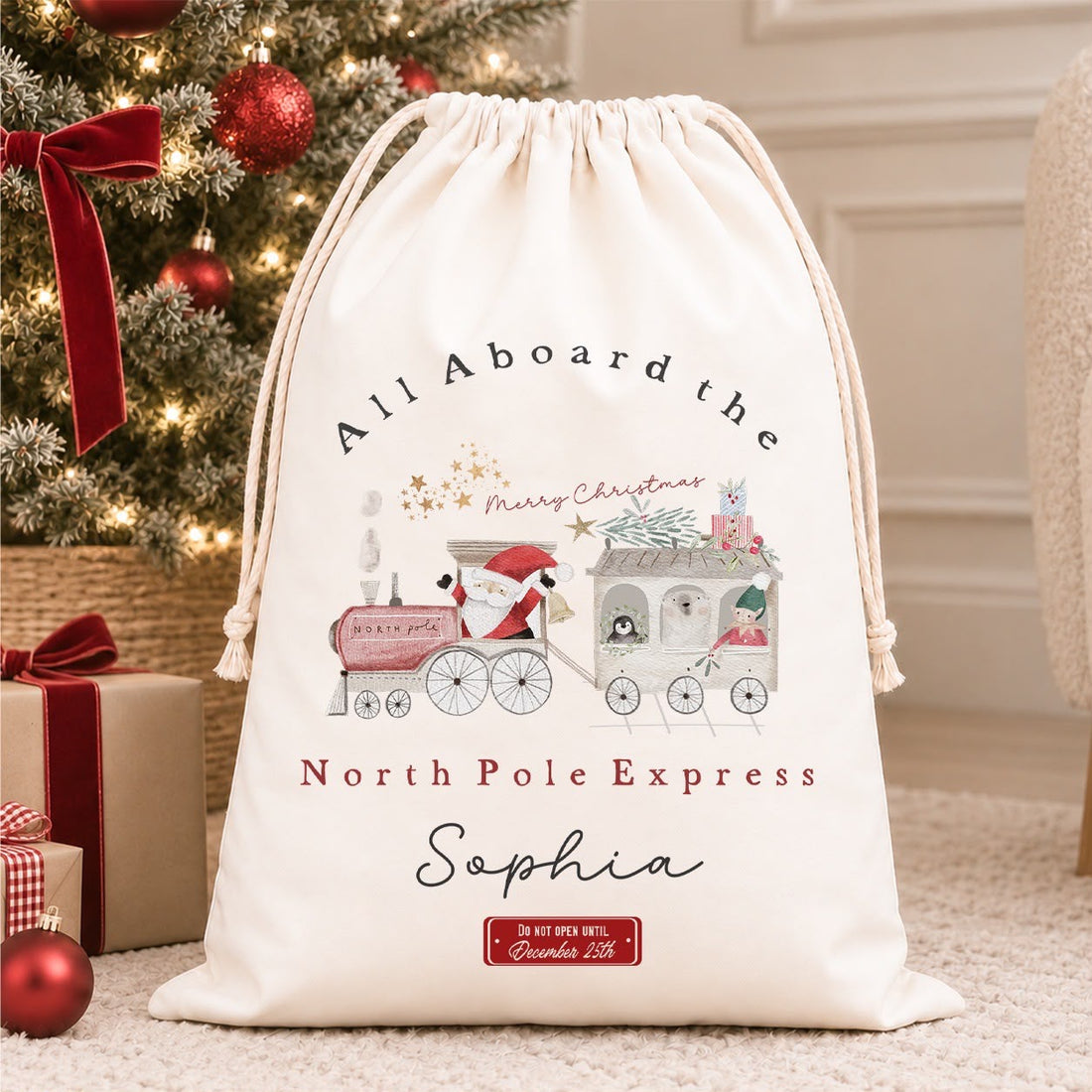 Luxury Personalised Premium Cotton Christmas Sack | Personalised Santa Sack | North Pole Express Design