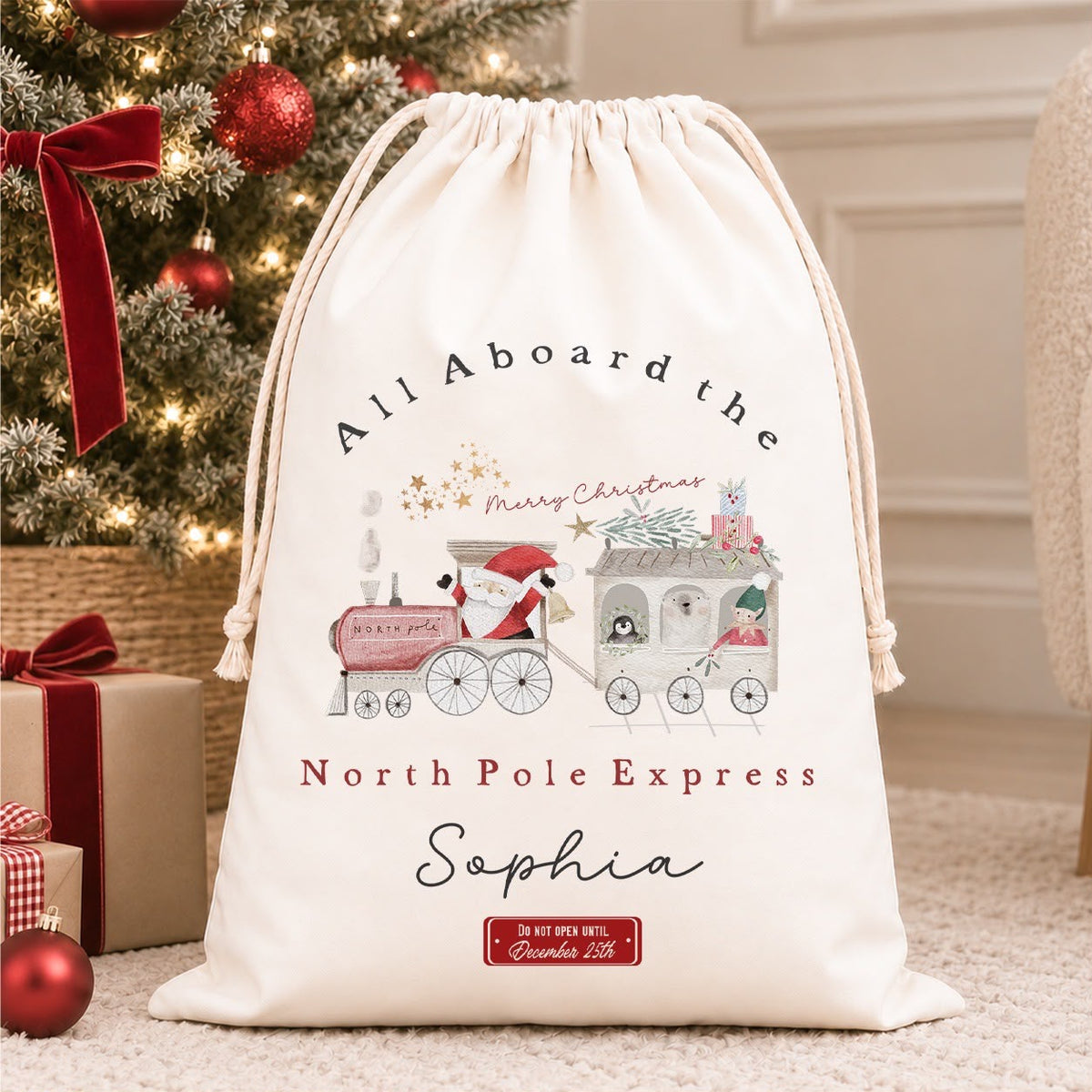 Luxury Personalised Premium Cotton Christmas Sack | Personalised Santa Sack | North Pole Express Design