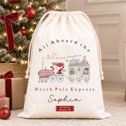 Luxury Personalised Premium Cotton Christmas Sack | Personalised Santa Sack | North Pole Express Design