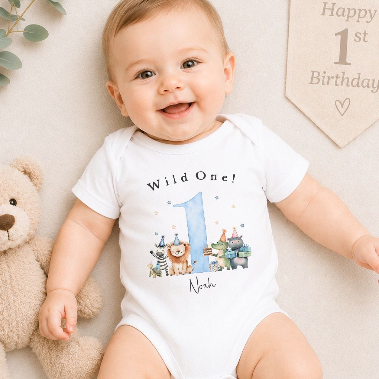 Personalised First Birthday Baby Vest | 1st Birthday Outfit - Blue Wild One Design