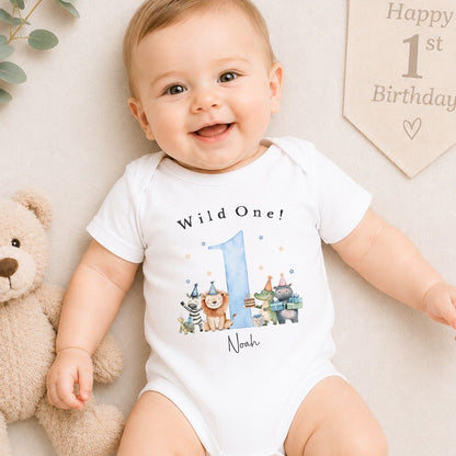 Personalised First Birthday Baby Vest | 1st Birthday Outfit - Blue Wild One Design