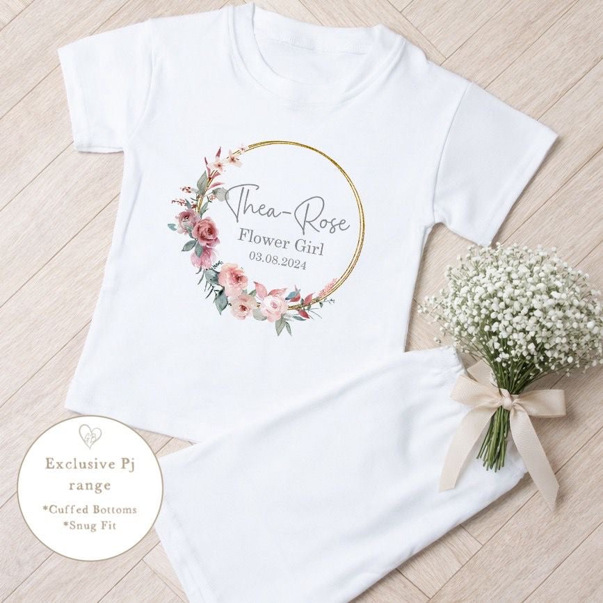 Personalised Flower Girl Short Set Pyjamas - Dusky Pink Wreath Design