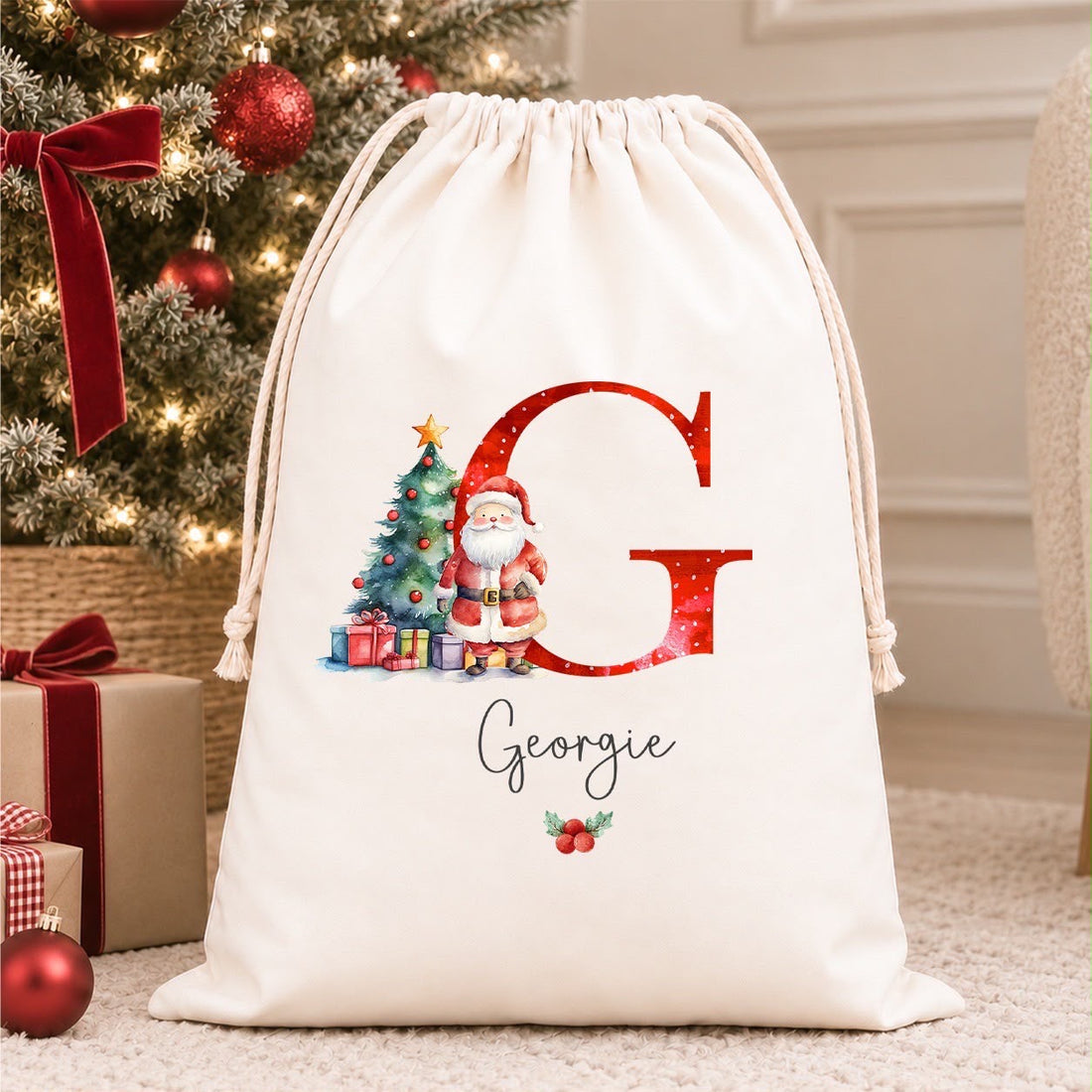 Luxury Personalised Premium Cotton Christmas Sack | Personalised Santa Sack | Santa Initial Design