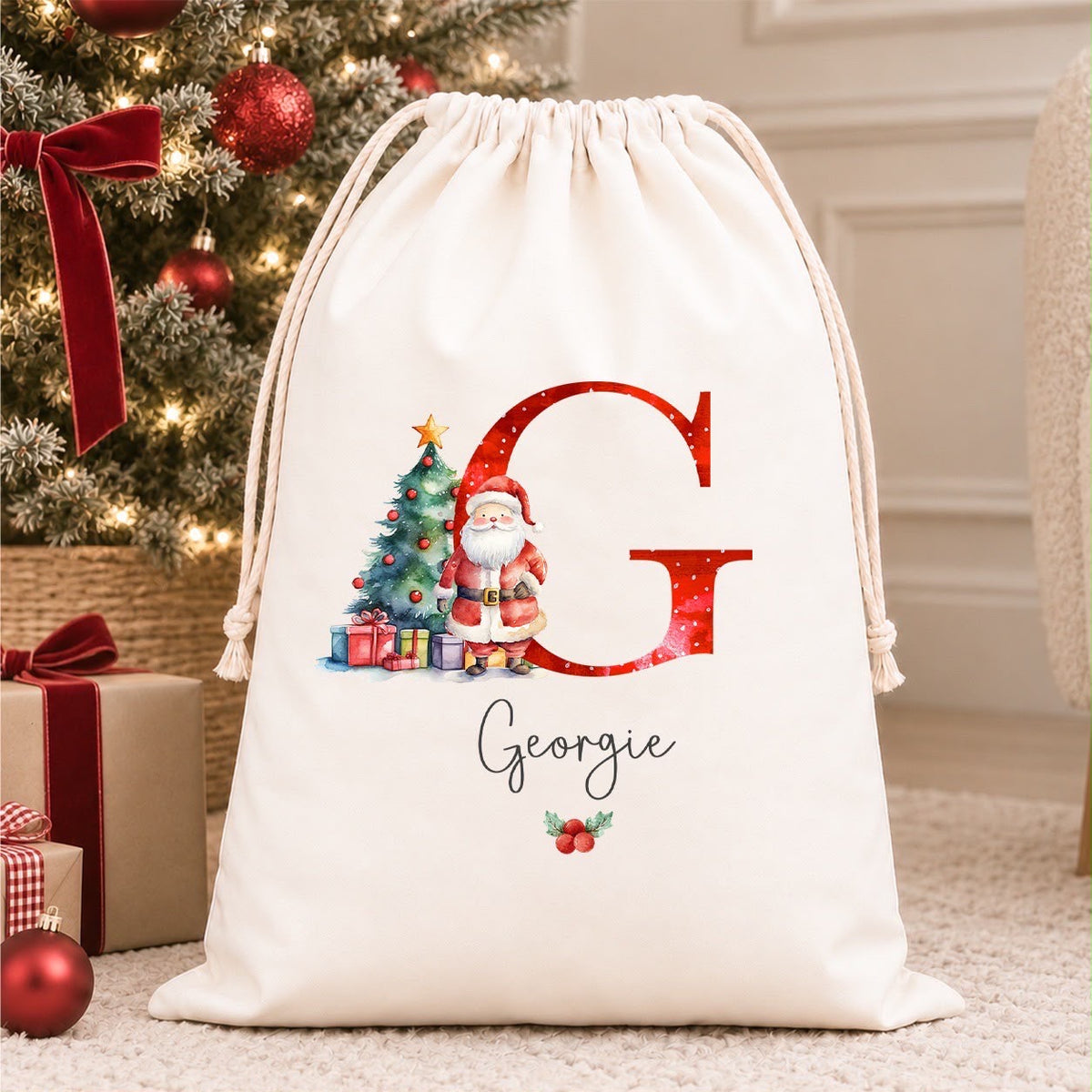 Luxury Personalised Premium Cotton Christmas Sack | Personalised Santa Sack | Santa Initial Design