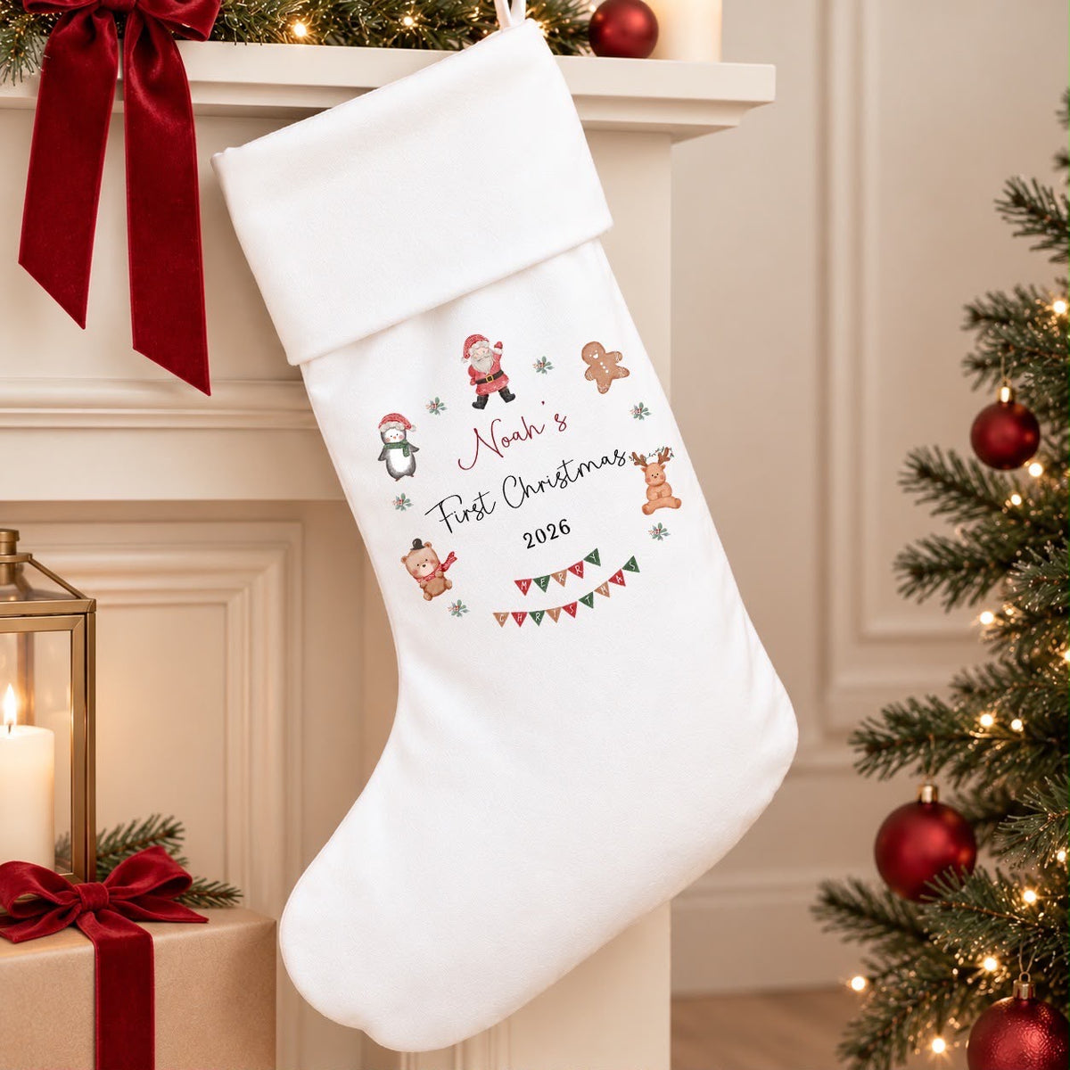 Personalised White First Christmas Stocking | Christmas Wreath Design