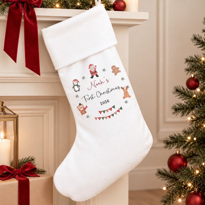 Personalised White First Christmas Stocking | Christmas Wreath Design