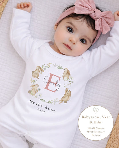 Personalised My First Easter Babygrow / Vest - Pink Wreath initial Design