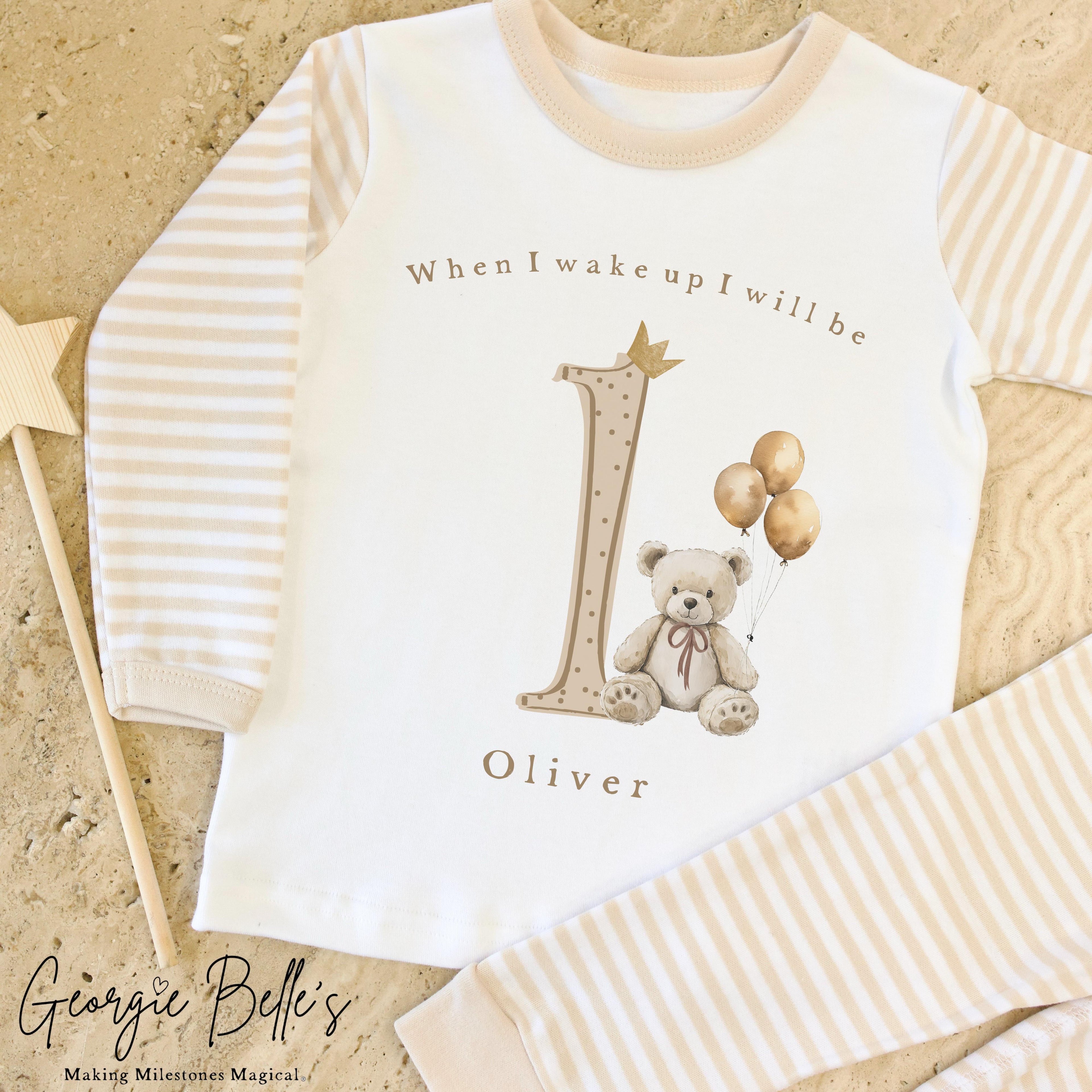 Personalised Beige Stripe Birthday Pyjamas - Bear Balloon Design