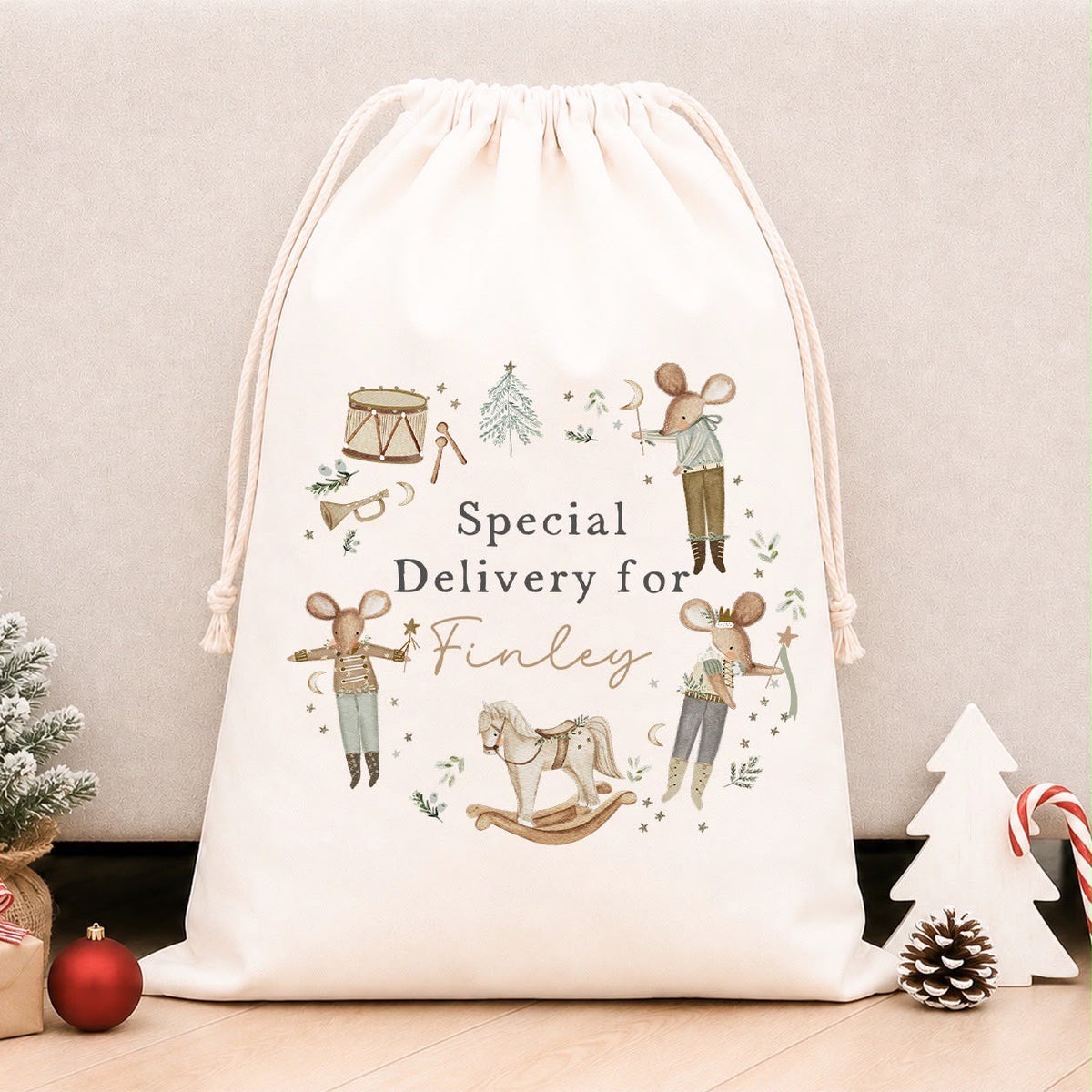 Luxury Personalised Premium Cotton Christmas Sack | Personalised Santa Sack | Nude Mice Wreath Design