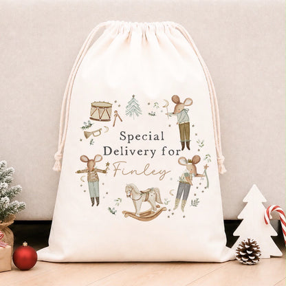 Luxury Personalised Premium Cotton Christmas Sack | Personalised Santa Sack | Nude Mice Wreath Design