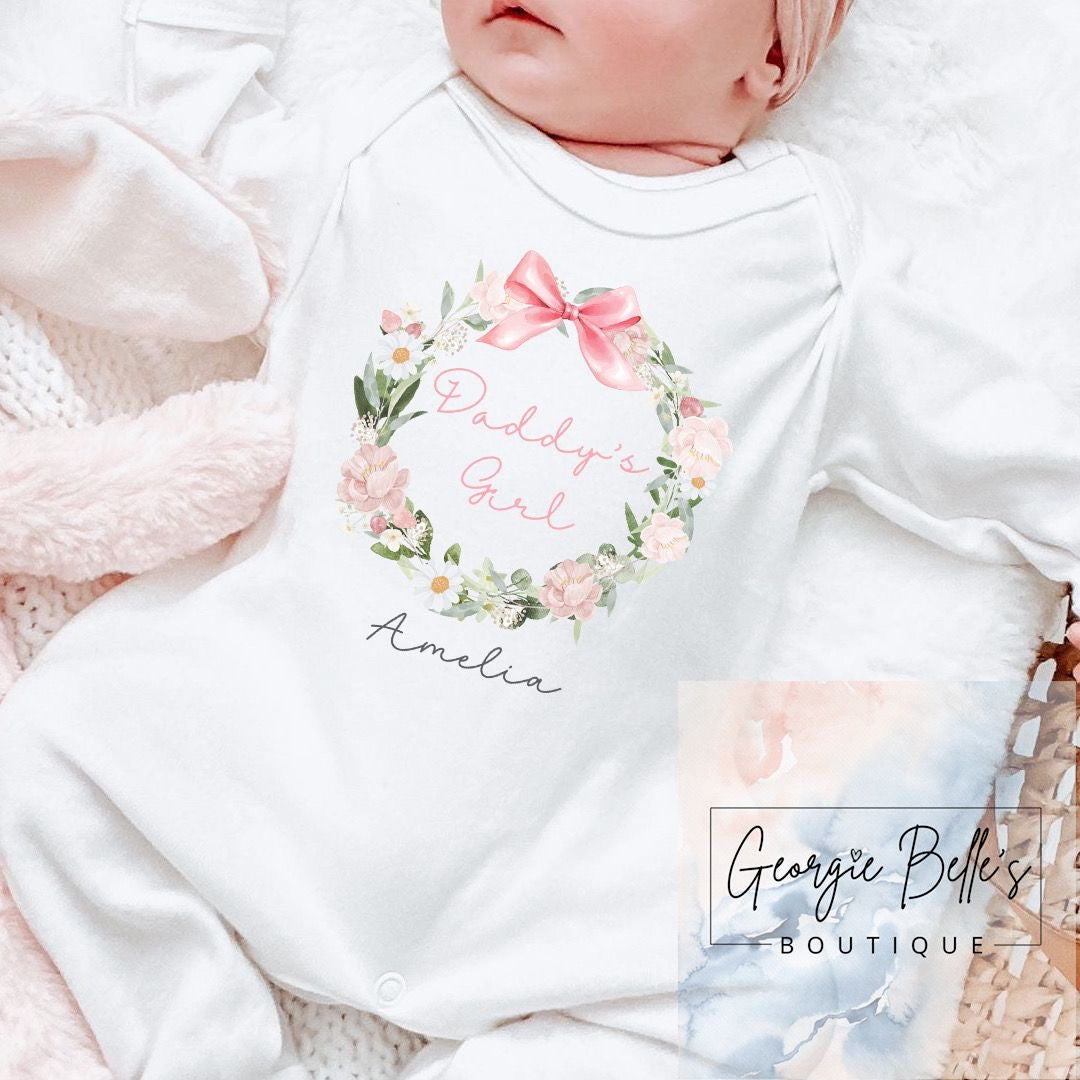 Father's Day Personalised Vest / Babygrow - Pink Floral Wreath Design