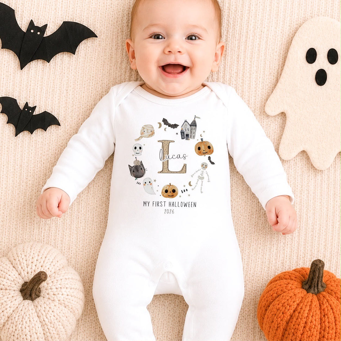 Personalised Halloween Babygrow | My First Halloween Baby Outfit | Nude Initial Wreath Design