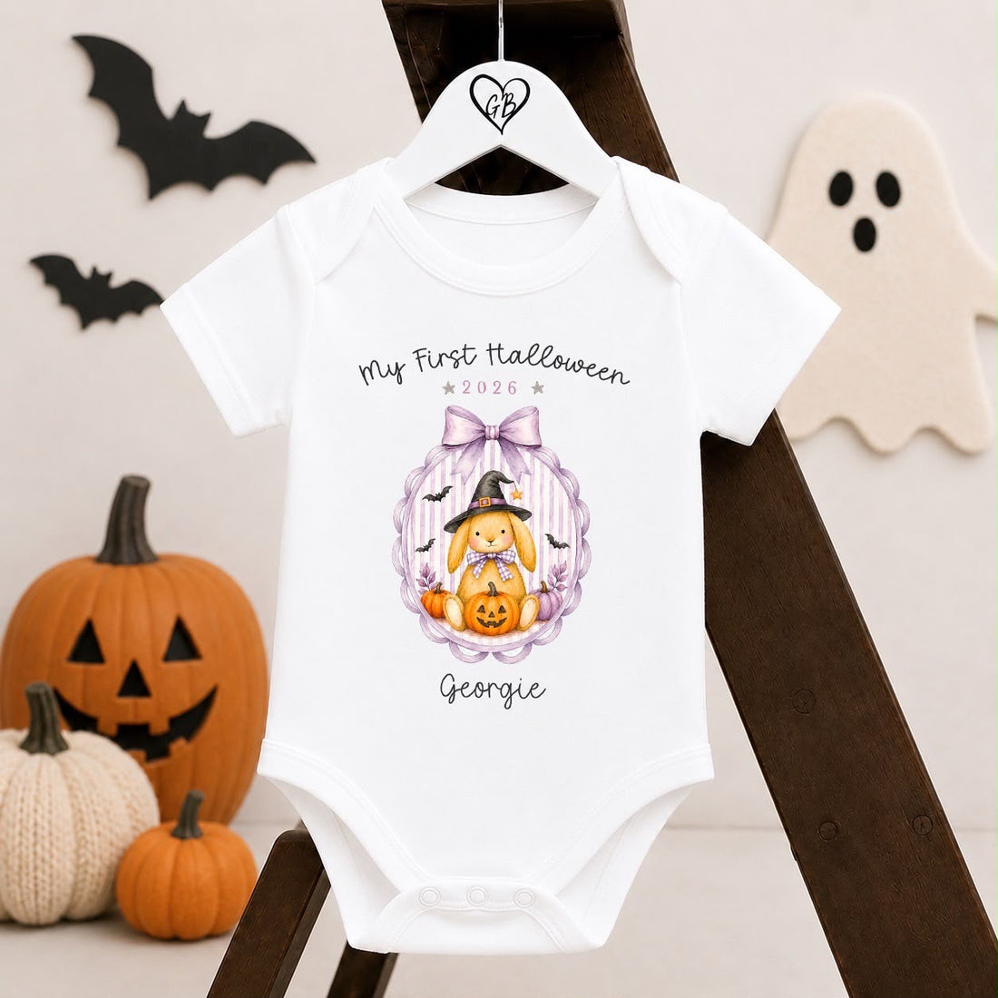 Personalised Halloween Babygrow | My First Halloween Baby Outfit | Purple Bunny Wreath Design