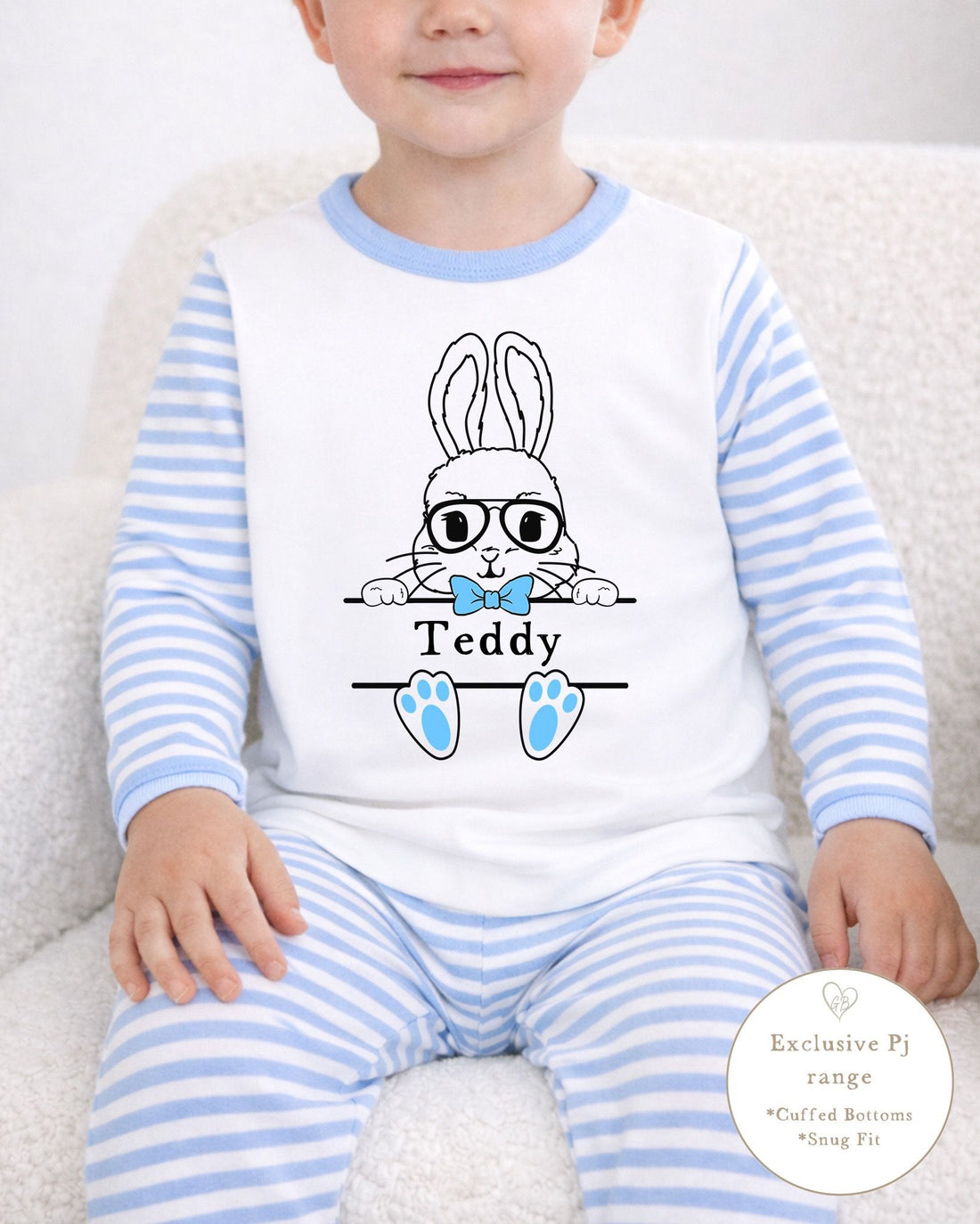 Personalised Blue Stripe Easter Pyjamas - Cartoon Bunny Design
