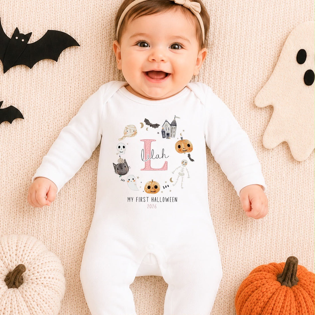 Personalised Halloween Babygrow | My First Halloween Baby Outfit | Pink Initial Wreath Design