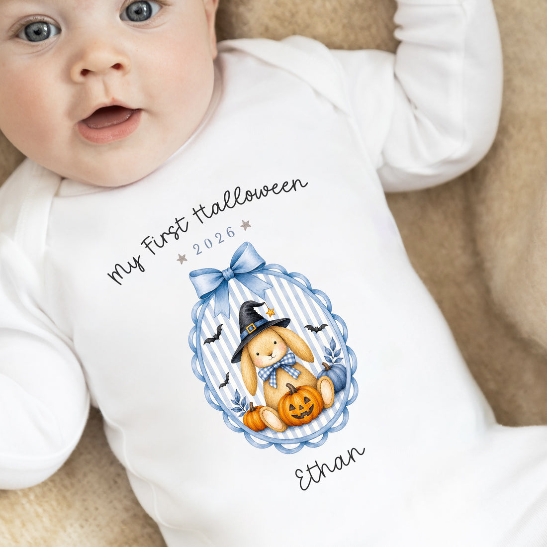 Personalised Halloween Babygrow | My First Halloween Baby Outfit | Blue Bunny Wreath Design