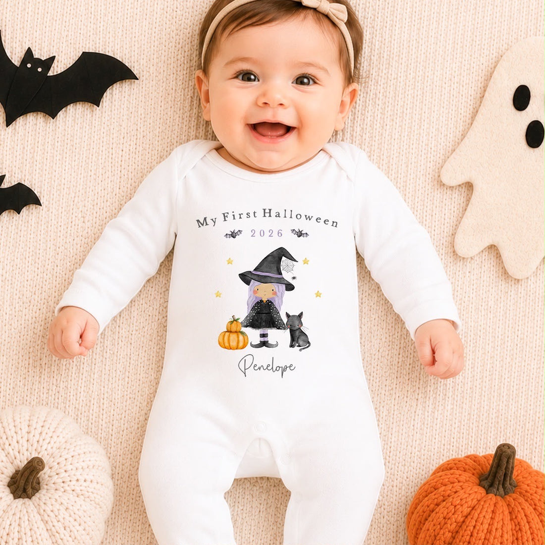 Personalised Halloween Babygrow | My First Halloween Baby Outfit | Witch Design