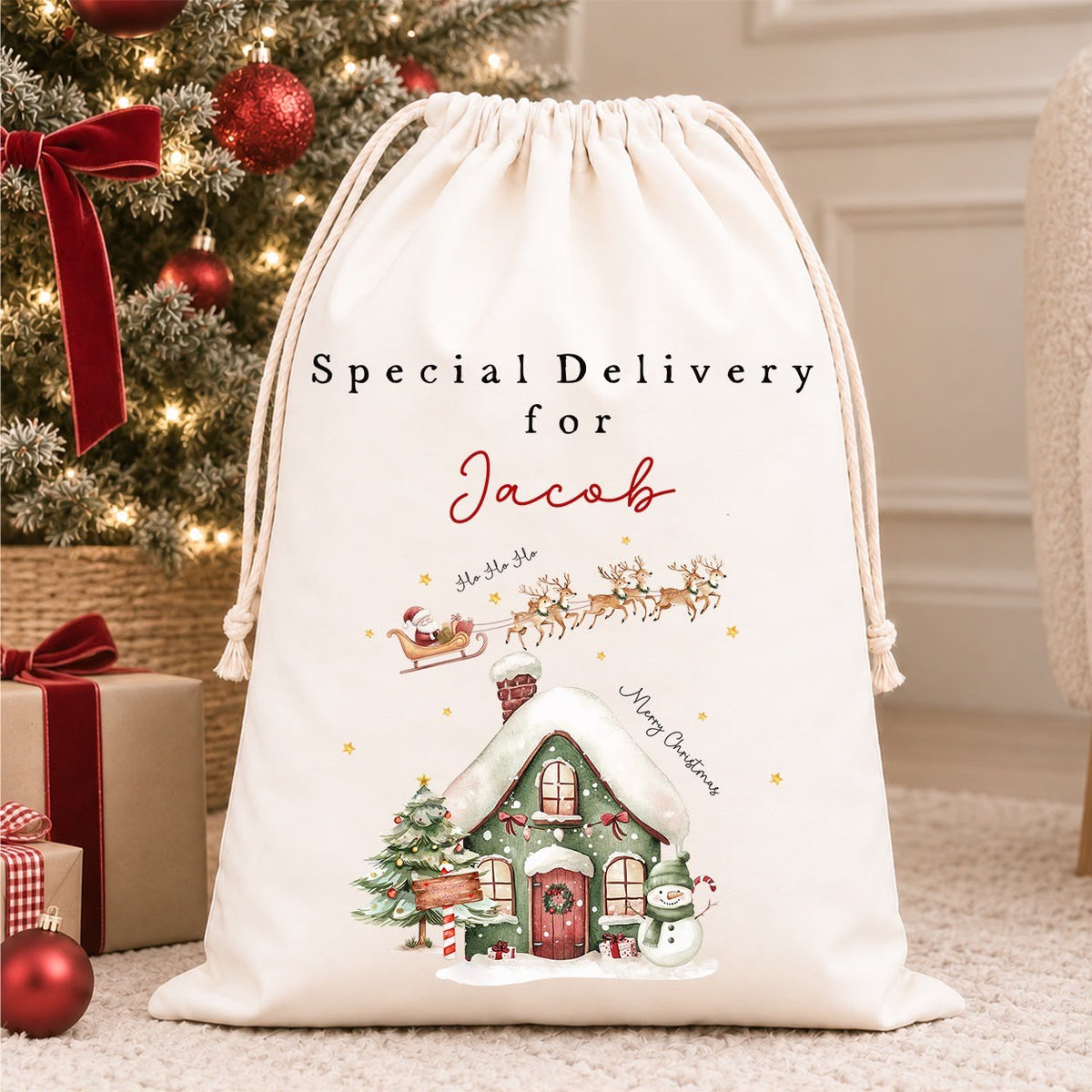 Luxury Personalised Premium Cotton Christmas Sack | Personalised Santa Sack | Sleigh Design